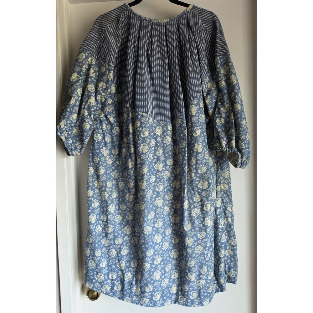 VTG Anastasia Made in France Boho Floral Stripe Dress Blue Cream Round Neck - Picture 2 of 7